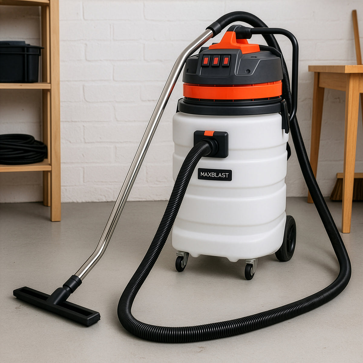 90L Nass- & Trocken Industriestaubsauger in Weiß mit orangefarbenen Akzenten, 5m Schlauch und Metallgriff, ideal für vielseitige Reinigungsaufgaben