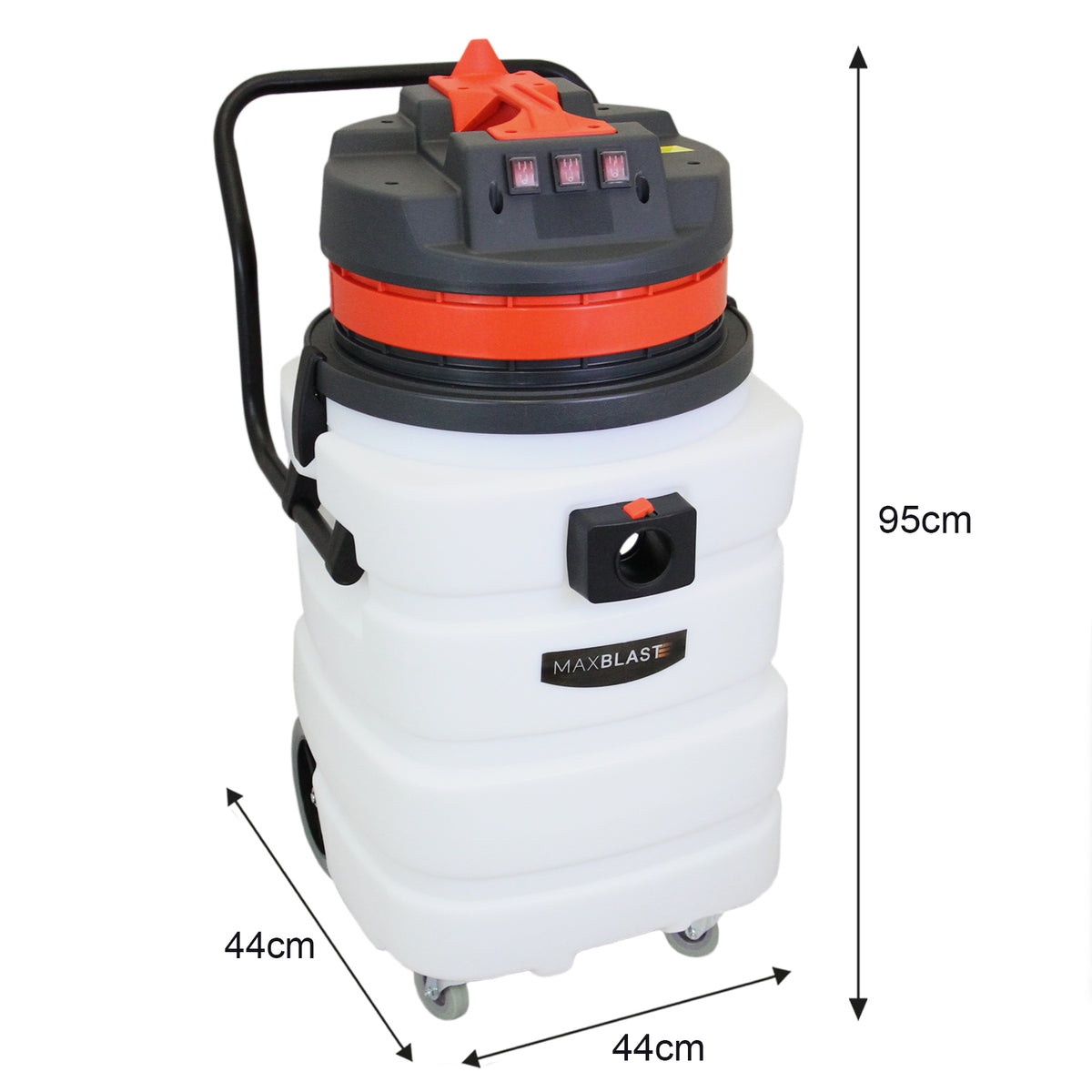90L Nass- und Trocken-Industriestaubsauger in Weiß mit rotem Deckel, 5m Schlauch, robustem Griff und Rollen für einfache Mobilität, ideal für Bau- und Reinigungsarbeiten