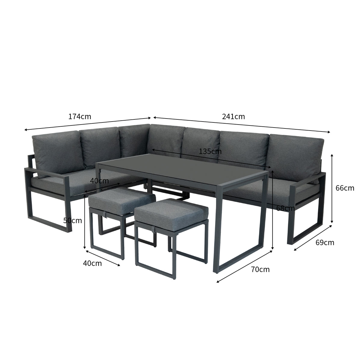 Anthrazitgraues Aluminium-Ecksofa-Set mit bequemen Kissen und passendem Tisch, ideal für den Außenbereich, modern und stilvoll gestaltet