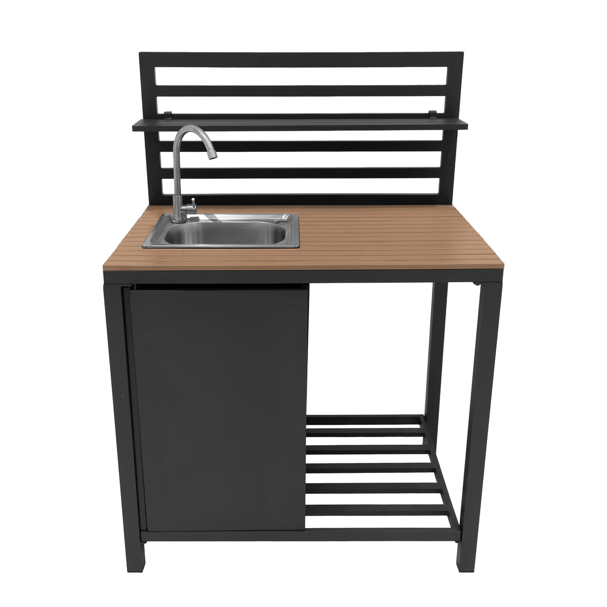 Küchenset für den Außenbereich, bestehend aus Aluminium und Holz, mit Edelstahlspüle, modernem Design, schwarzem Gestell und Holzoberfläche