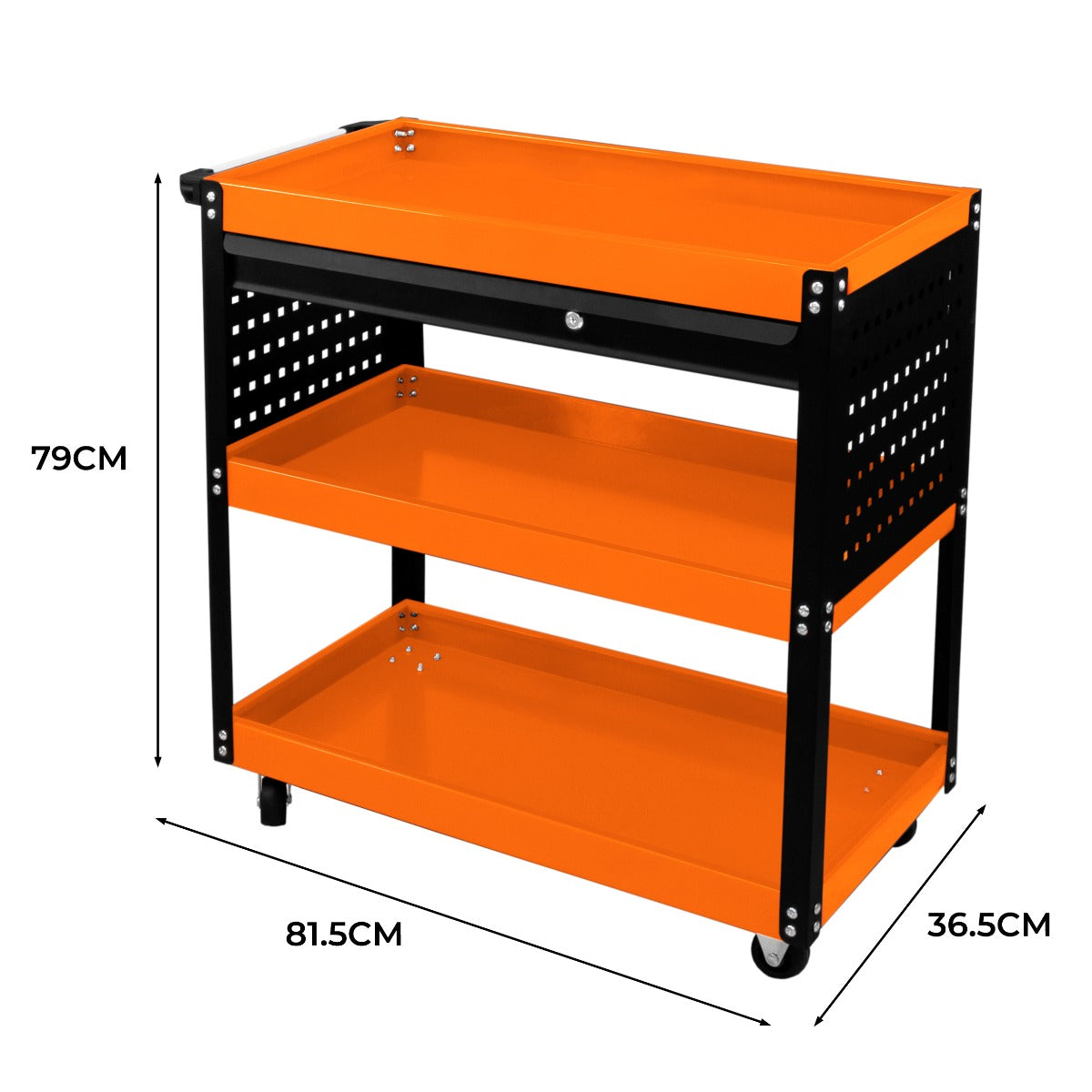 Robuster T-Mech Werkstattwagen in Orange und Schwarz, mit zwei offenen Regalen und einer Schublade, ideal für Werkstätten und Garagen