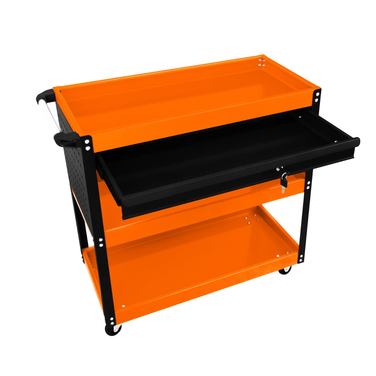 Robuster T-Mech Werkstattwagen in leuchtendem Orange mit schwarzem Schubladenfach, zwei Ablageflächen und stabilen Rollen für einfache Mobilität