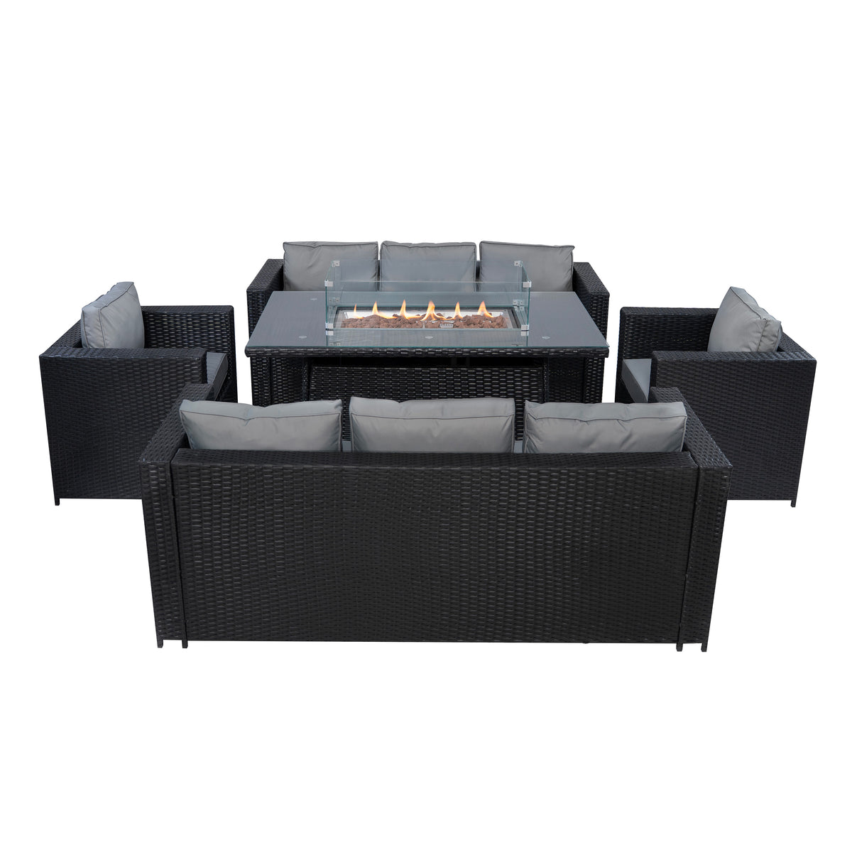 8-Sitzer Rattanmöbel Set mit Feuerstelle - Schwarz