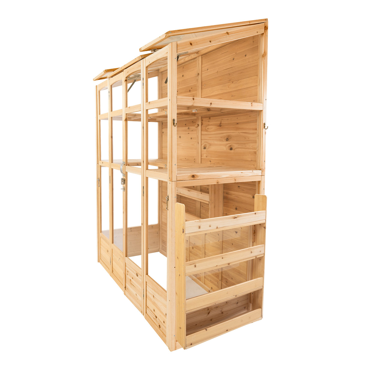 Klassisches Gewächshaus aus naturbelassenem Holz mit transparenten Fenstern, mehreren Regalen und stabiler Bauweise
