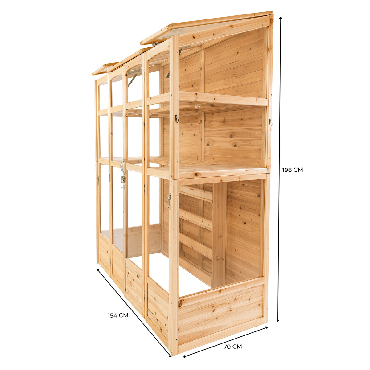 Klassisches Gewächshaus aus naturbelassenem Holz, mit transparenten Fenstern, zwei Regalen und einer Höhe von 198 cm