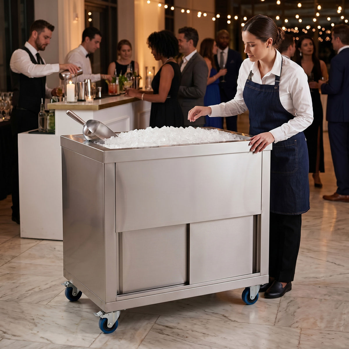 Mobiler Cocktail-Bar-Station aus Edelstahl mit 1000mm Eiswürfelwagen, gefüllt mit Eis, auf Rollen für einfache Mobilität bei Events