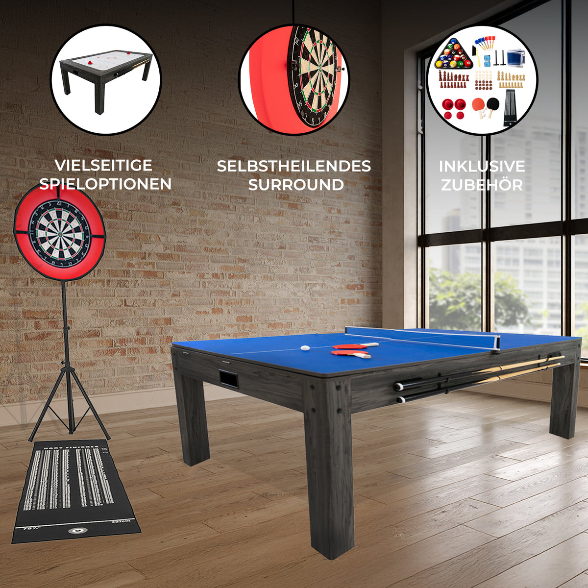 Grauer 7-in-1 Spieltisch mit LED-Ringlicht, vielseitigen Spieloptionen und Zubehör, präsentiert in einem modernen Raum mit Backsteinwand