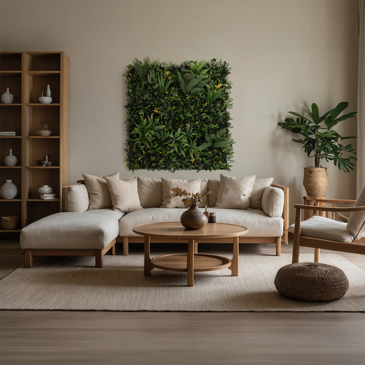 Ayla Künstliche Wandfliese in lebendigem Grün, 100 cm x 100 cm, ergänzt modernes Wohnzimmer mit Sofa, Holzregal und runder Tischdeko