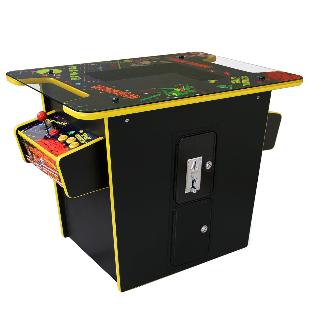 Schwarzer Arcade-Spielautomat mit gelben Akzenten, ausgestattet mit einem Joystick und bunten Grafiken, bietet 60 klassische Spiele für nostalgischen Spielspaß