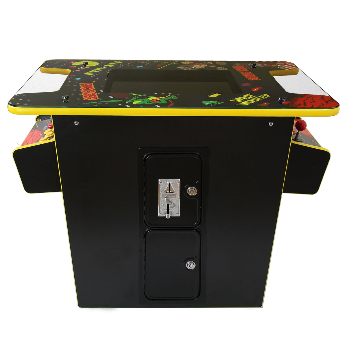 Schwarzer Arcade Spielautomat mit buntem Design, ausgestattet mit 60 klassischen Spielen, seitlichen Controllern und einem Münzschlitz