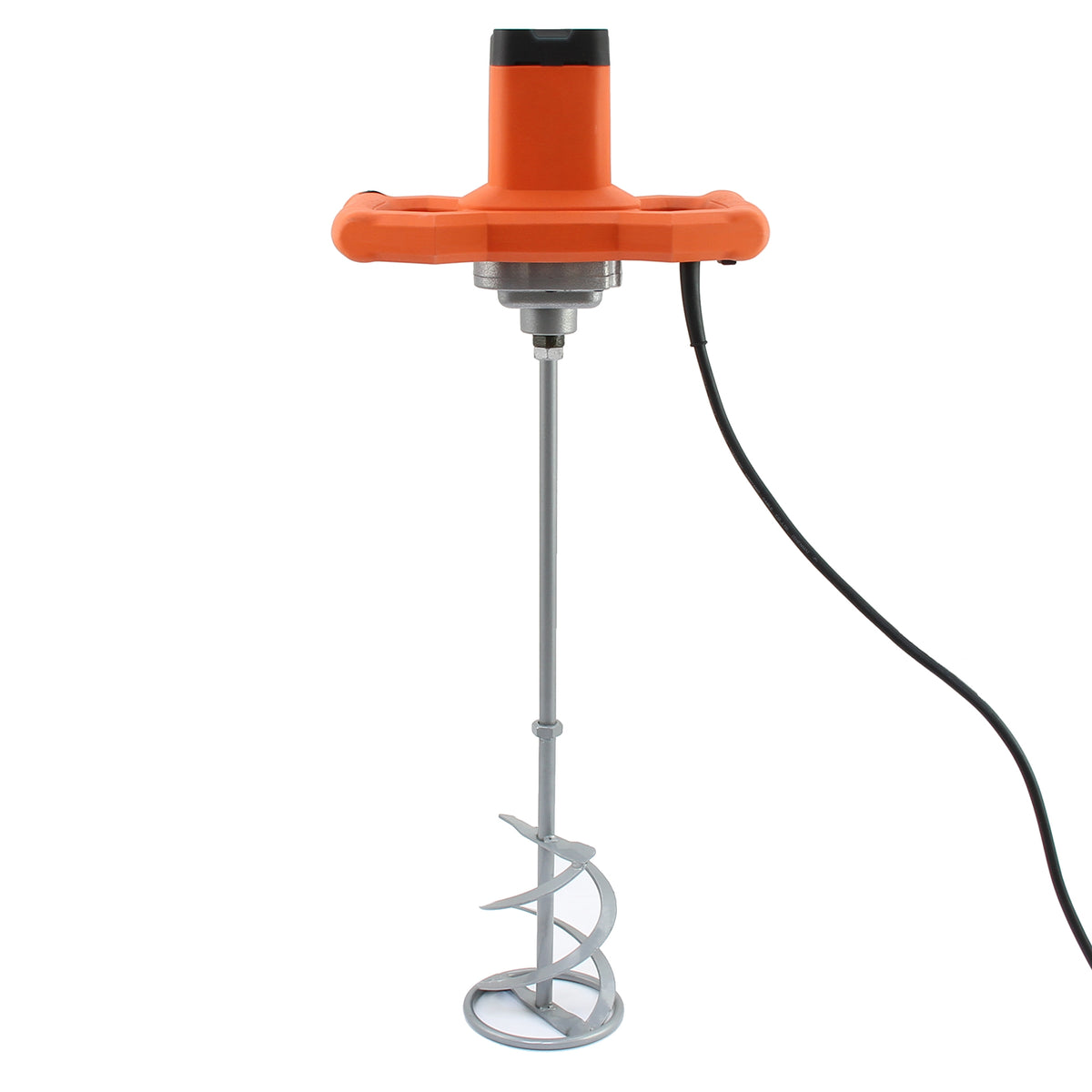 Der T-Mech Rührwerk-Farbrührer hat einen orangefarbenen Griff, eine metallische Rührspirale und ein robustes Kabel für vielseitige Anwendungen in der Farb- und Materialmischung