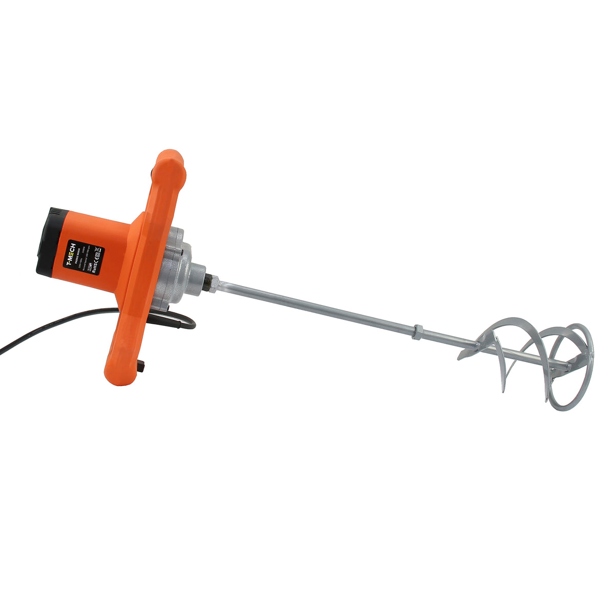 T-Mech Rührwerk-Farbrührer in leuchtendem Orange mit silbernem Rührstab und zwei spiralförmigen Rührwerkzeugen, ideal für Farben und Mörtel