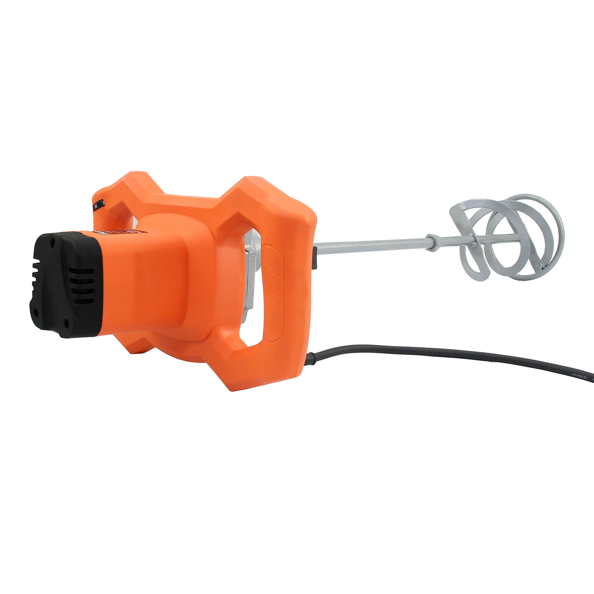 Der T-Mech Rührwerk-Farbrührer in leuchtendem Orange mit robustem Griff und spiralförmigem Rührwerk, ideal zum Mischen von Farben und Materialien