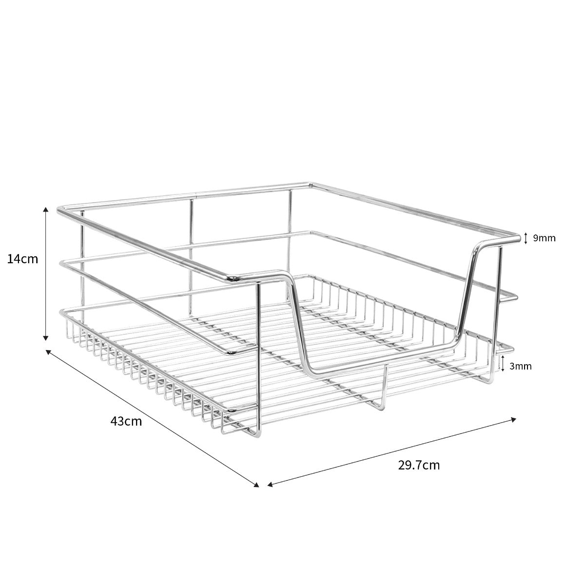Ausziehbare Küchenschublade aus Edelstahl, 43 cm lang, 29,7 cm breit, 14 cm hoch, mit stabilen Drahtgittern für optimale Aufbewahrung in 40 cm breiten Schränken