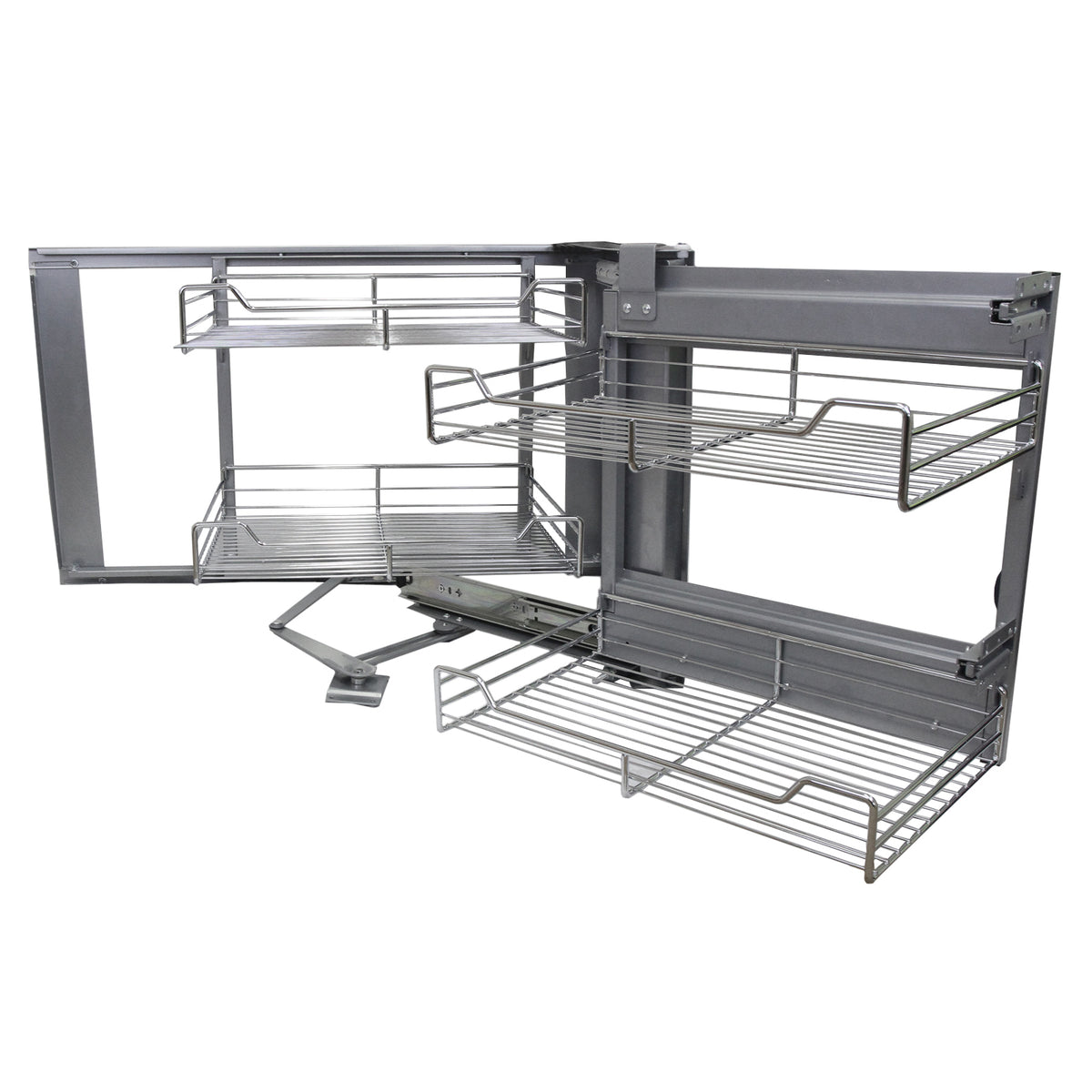 Ausziehbarer Edelstahl-Eckschrank in silber, mit mehreren Drahtregalen, ideal für platzsparende Aufbewahrung in der Küche, 90-100 cm breit