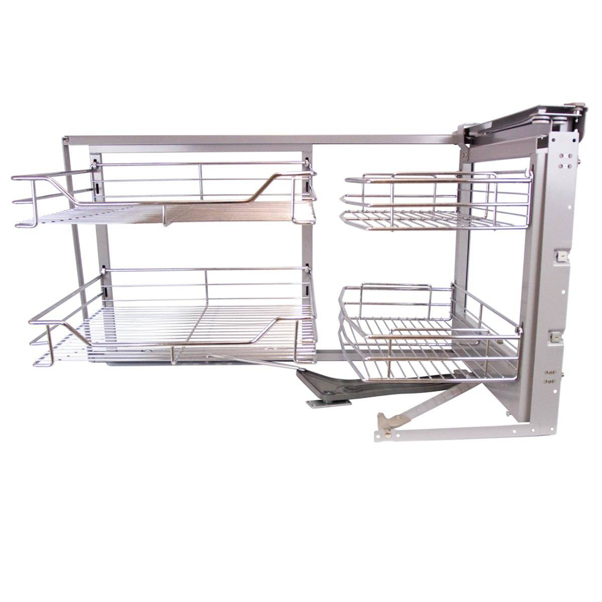 Ausziehbarer Edelstahl-Eckschrank mit zwei offenen Regalen und einem praktischen Auszug, ideal für die optimale Raumnutzung in der Küche