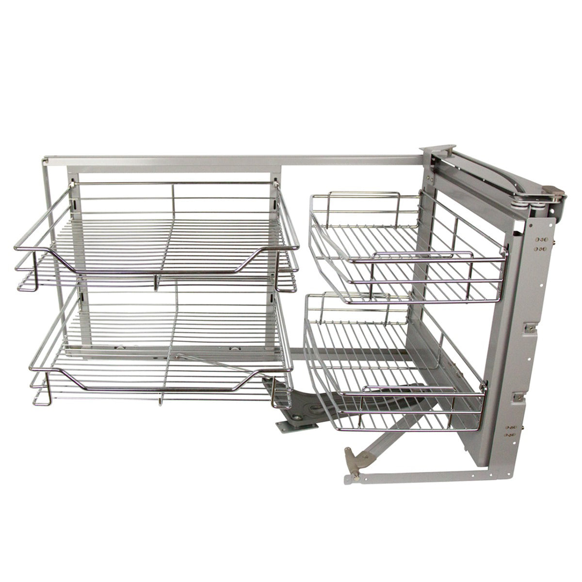 Ausziehbarer Edelstahl-Eckschrank in silber, mit zwei offenen Regalen und einem stabilen Gestell, ideal für platzsparende Aufbewahrung in der Küche