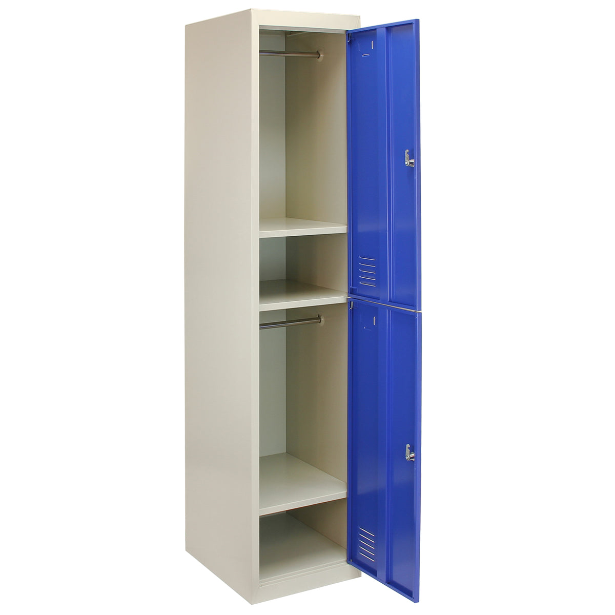 Zweiflügeliger Spindschrank in Blau mit zwei Fächern, metallisch, mit glatter Oberfläche und integrierten Kleiderstangen für optimalen Stauraum