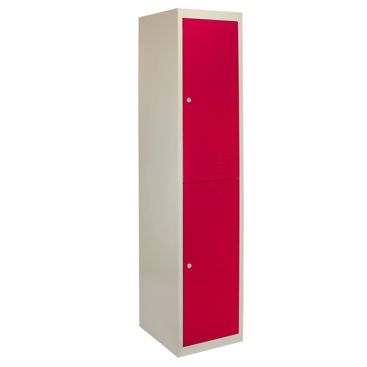 Zweiflügeliger Metallspind in leuchtendem Rot, flach verpackt, mit glatter Oberfläche und modernen, minimalistischen Linien für vielseitige Nutzung