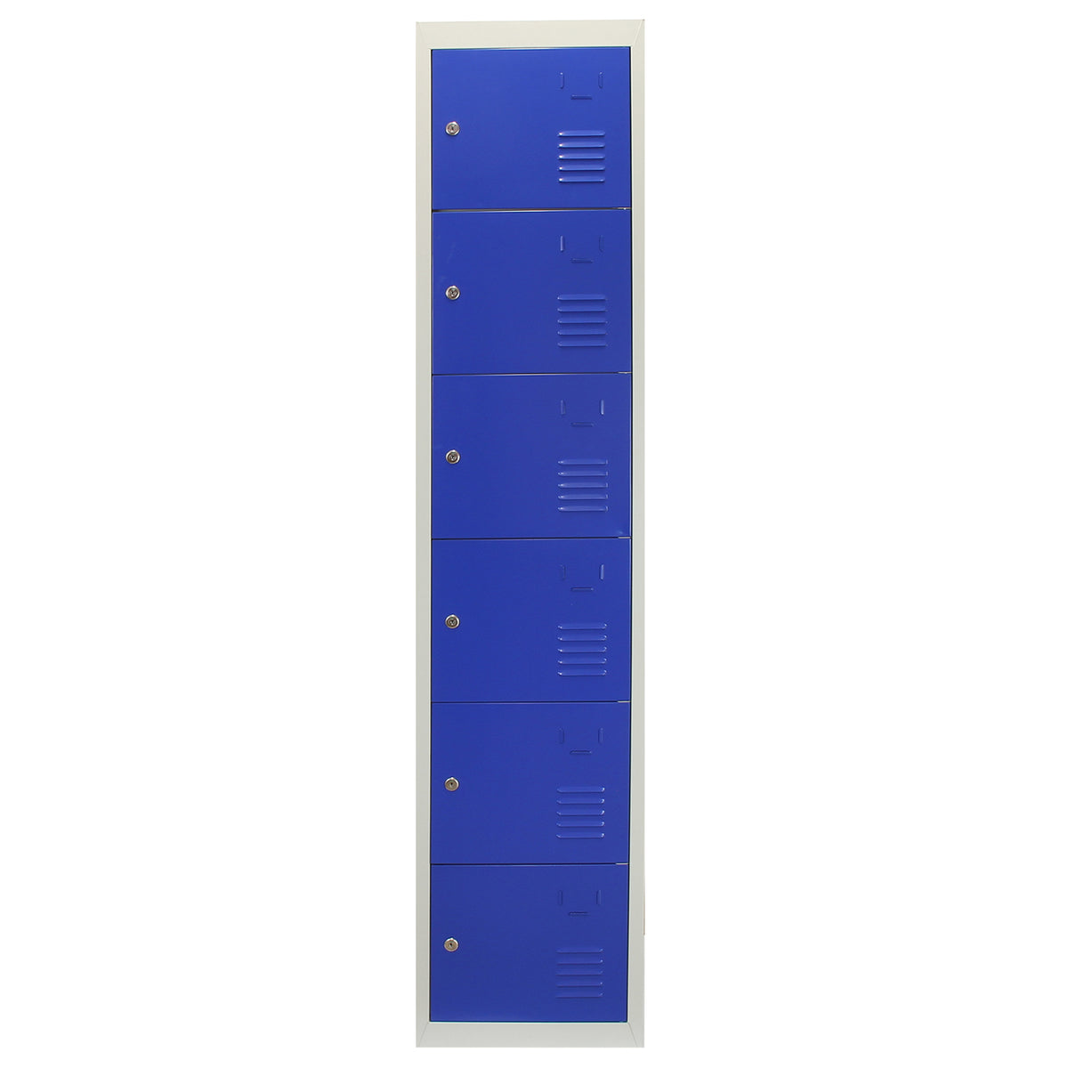 Sechstüriger Spindschrank in Blau mit robustem Metallrahmen, glänzenden Oberflächen und Lüftungsschlitzen für optimale Luftzirkulation