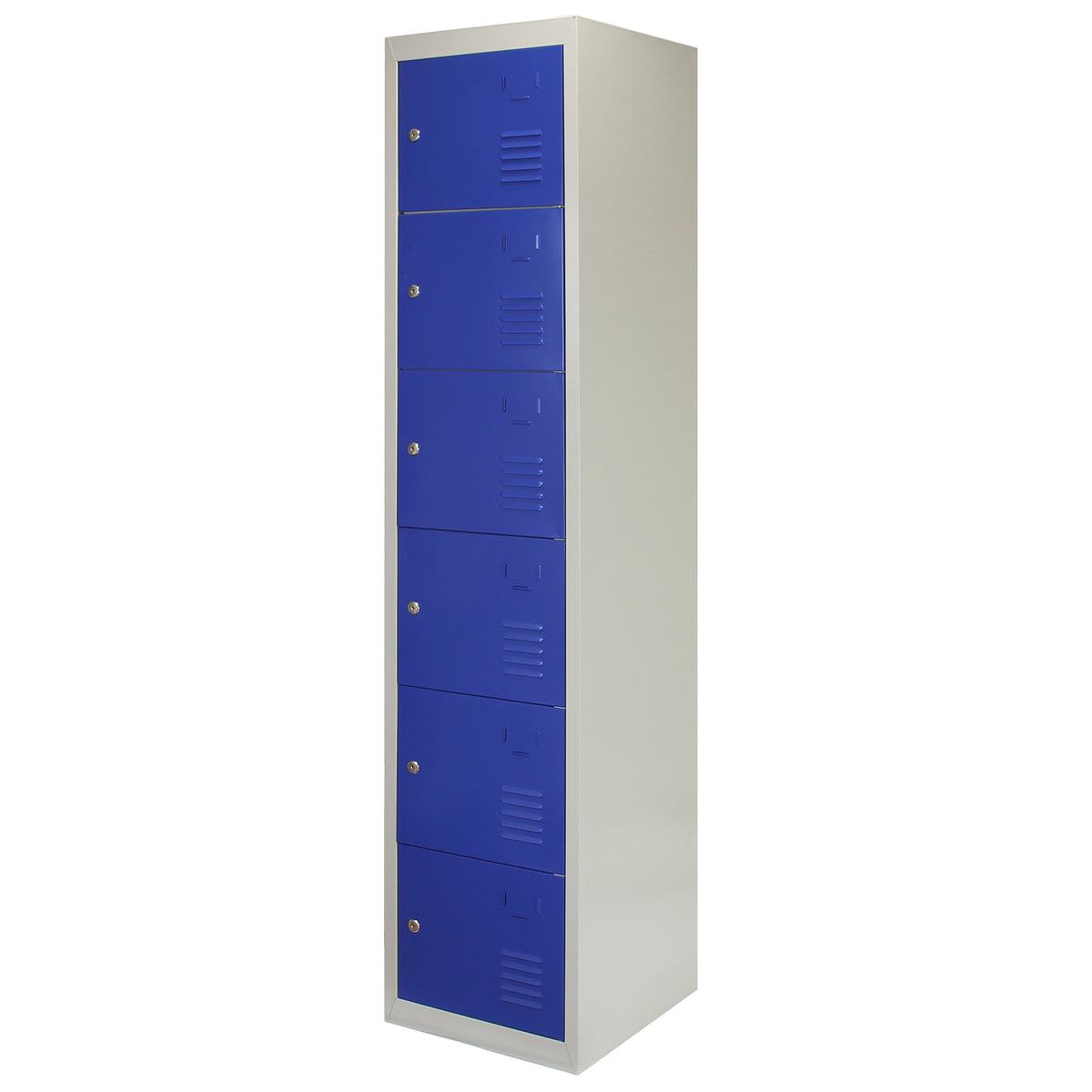Sechstüriger Schließfachschrank in Blau mit silbernem Rahmen, ideal für Schulen oder Fitnessstudios, bietet sicheren Stauraum und modernes Design