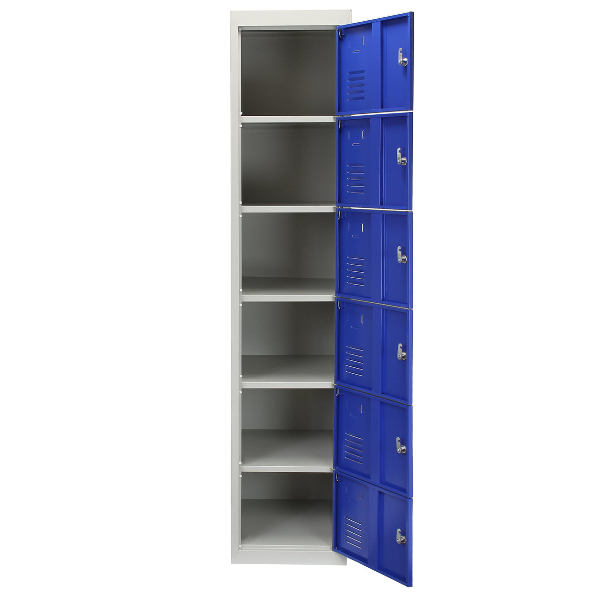 Sechstüriger Schließfachschrank in Blau mit grauem Innenraum, ideal für die Aufbewahrung von persönlichen Gegenständen, robust und funktional