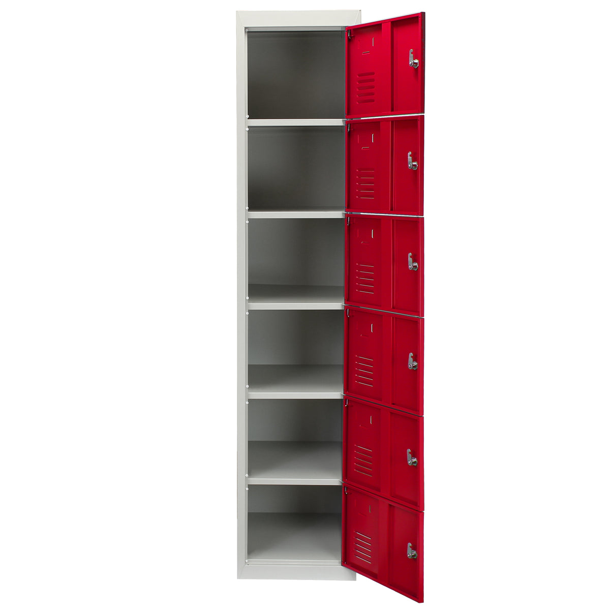 Dreifacher Schließfachschrank in Rot mit sechs Türen, metallisch, modern, mit Lüftungsschlitzen und stabilen Schlüsselschlössern, ideal für Schulen oder Fitnessstudios