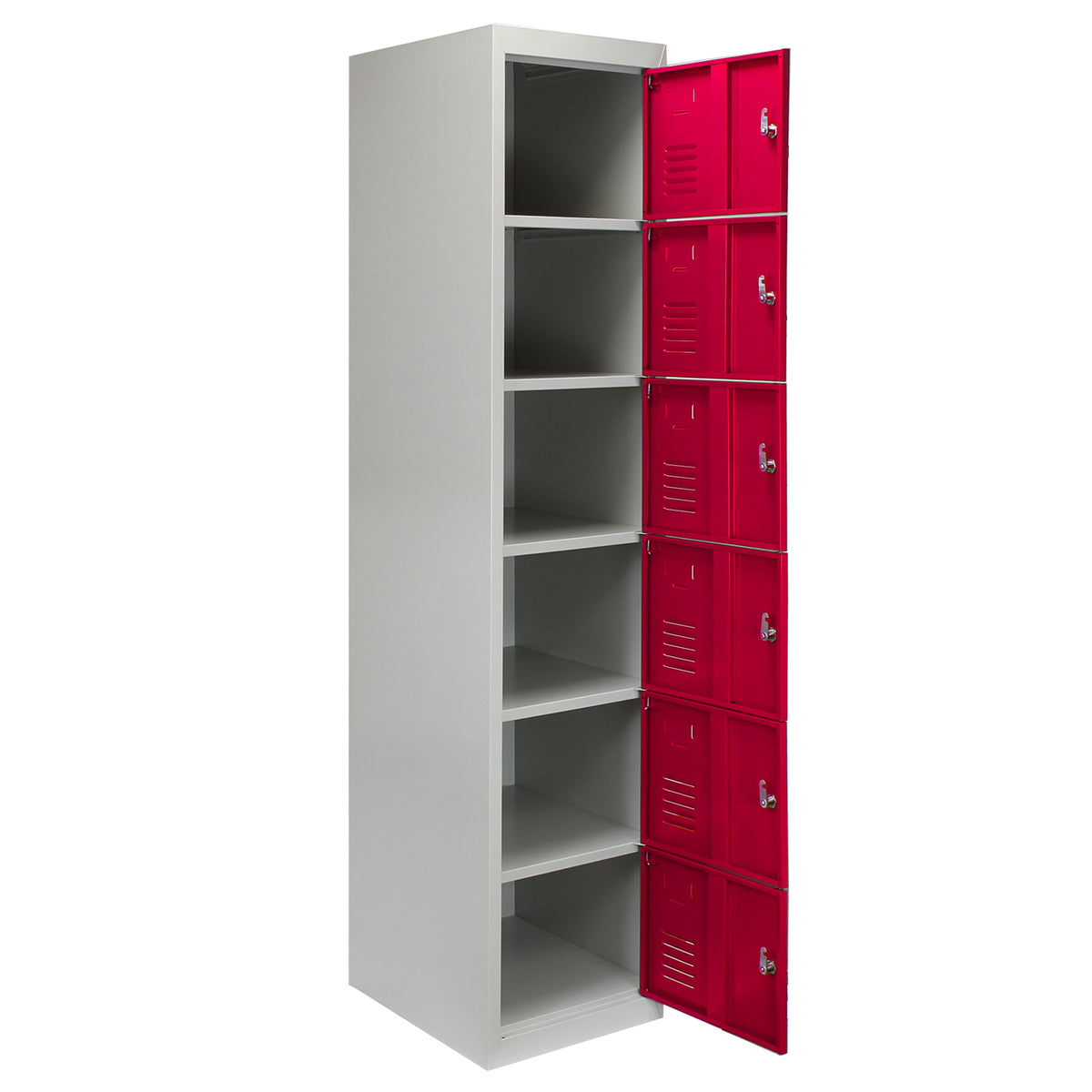Drei sechstürige Schließfachschränke in Rot mit grauem Korpus, metallisch, modern, ideal für Schulen oder Fitnessstudios, mit glatten Oberflächen und robustem Design