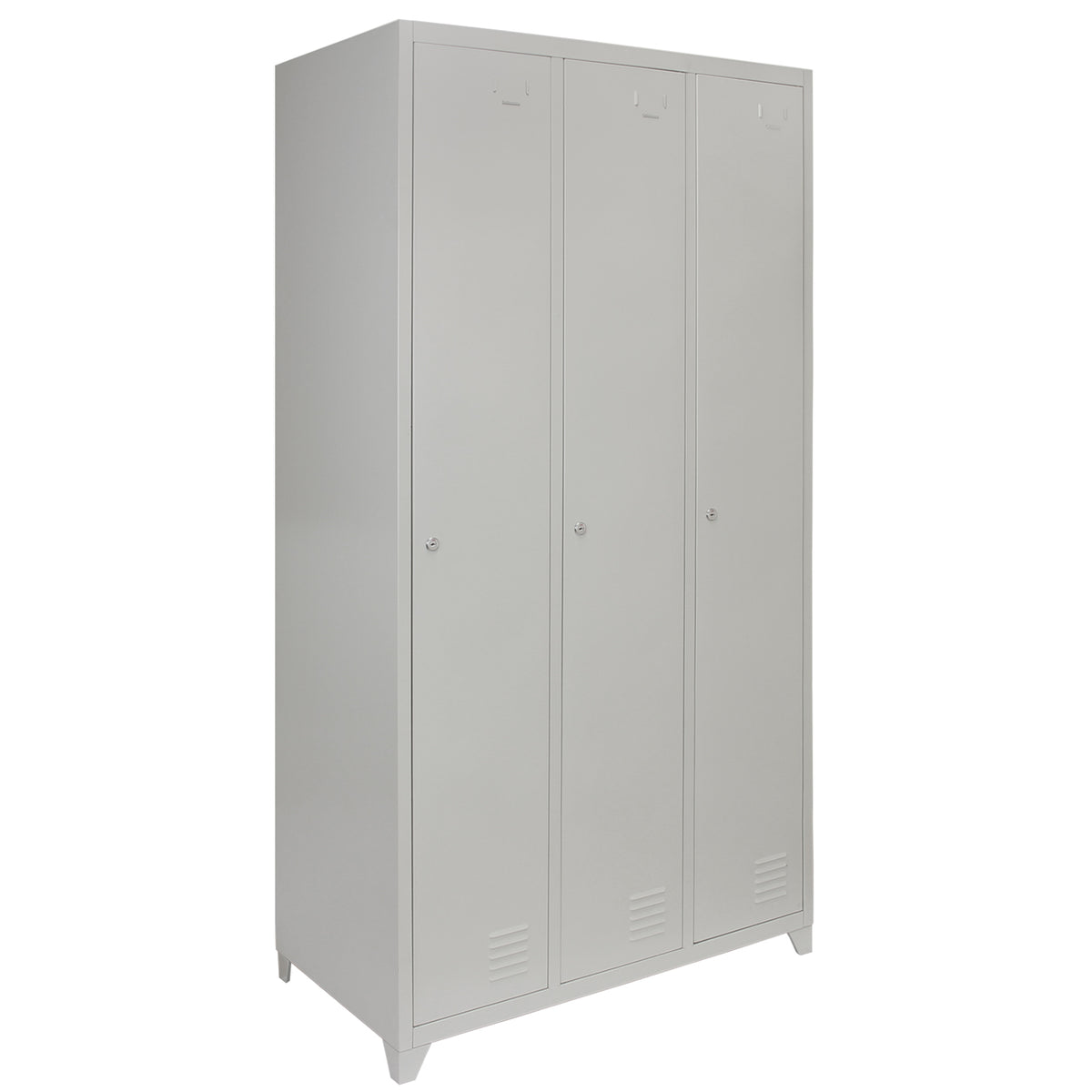 Drei graue Schließfächer mit jeweils einer Tür, aus robustem Metall, mit Lüftungsschlitzen und einem minimalistischen, modernen Design