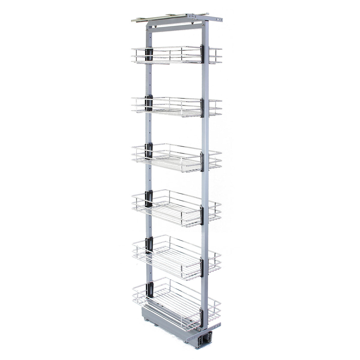Ausziehbarer Vorratsschrank in Silber, 170cm bis 195cm hoch, mit sechs stabilen Drahtkörben für optimale Küchenorganisation und Stauraum