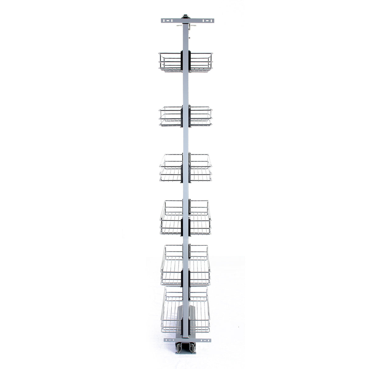 Ausziehbarer Vorratsschrank in Silber mit sechs offenen Drahtkörben, ideal für die Küchenorganisation, höhenverstellbar von 190 bis 220 cm