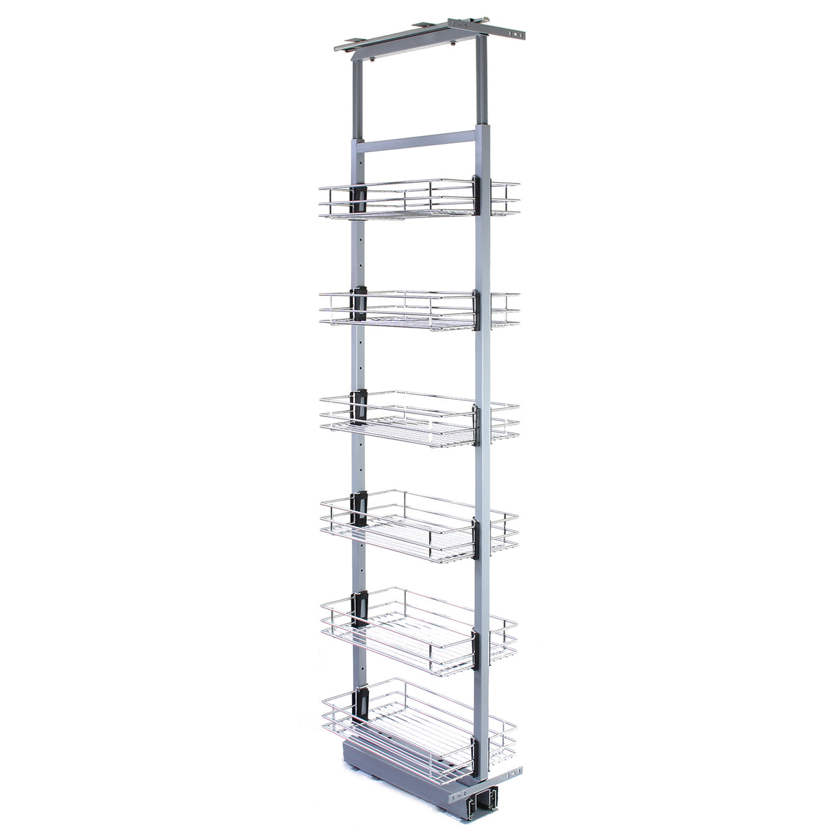 Ausziehbarer Vorratsschrank in Silber mit sechs transparenten Körben, ideal für die Küche, verstellbar von 190 bis 220 cm Höhe, modernes Design