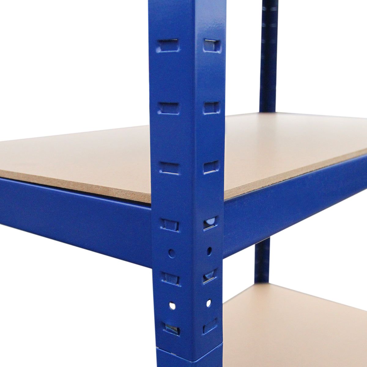 Blaue T-RAX Lagerregale mit stabilen Metallrahmen, drei Regalböden aus hellem Holz, ideal für die Aufbewahrung und Organisation von Gegenständen