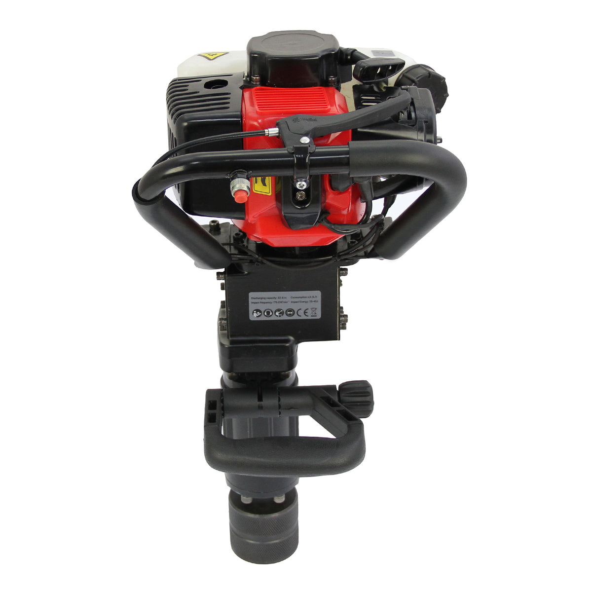 Rote und schwarze T-Mech 2-Takt Benzin Pfahlramme mit robustem Griff und stabiler Basis, ideal für das Setzen von Pfählen in verschiedenen Materialien