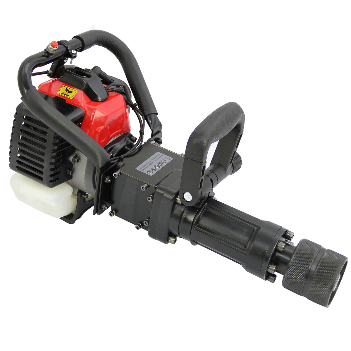 Kompakte T-Mech 2 Takt Benzin Pfahlramme in Schwarz und Rot, mit robustem Griff, Motor und zylindrischer Ramme für effizientes Pfählen