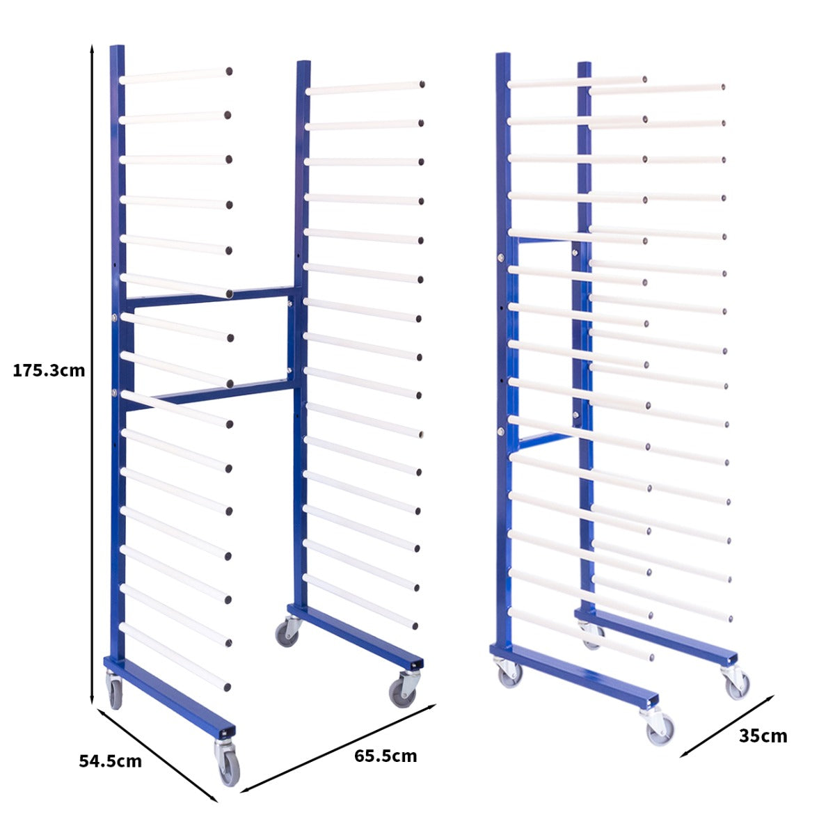 Trocknungswagen in Blau mit weißen Stangen, höhenverstellbar, 175,3 cm hoch, 54,5 cm breit, 35 cm tief, ausgestattet mit Rollen für einfache Mobilität