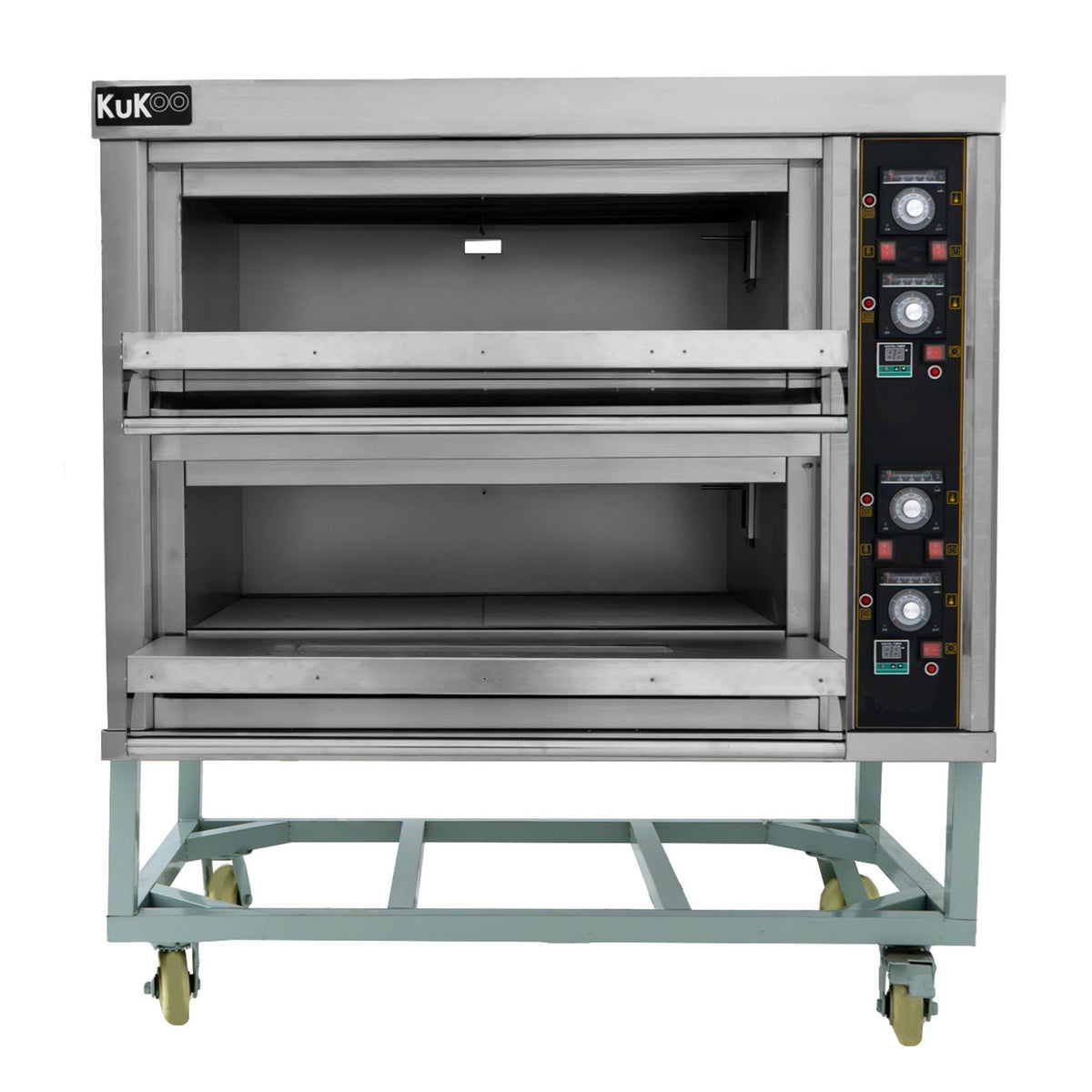 Großer gewerblicher KuKoo Pizza- und Backofen aus Edelstahl mit zwei Backkammern, Bedienelementen und stabiler Unterkonstruktion auf Rollen