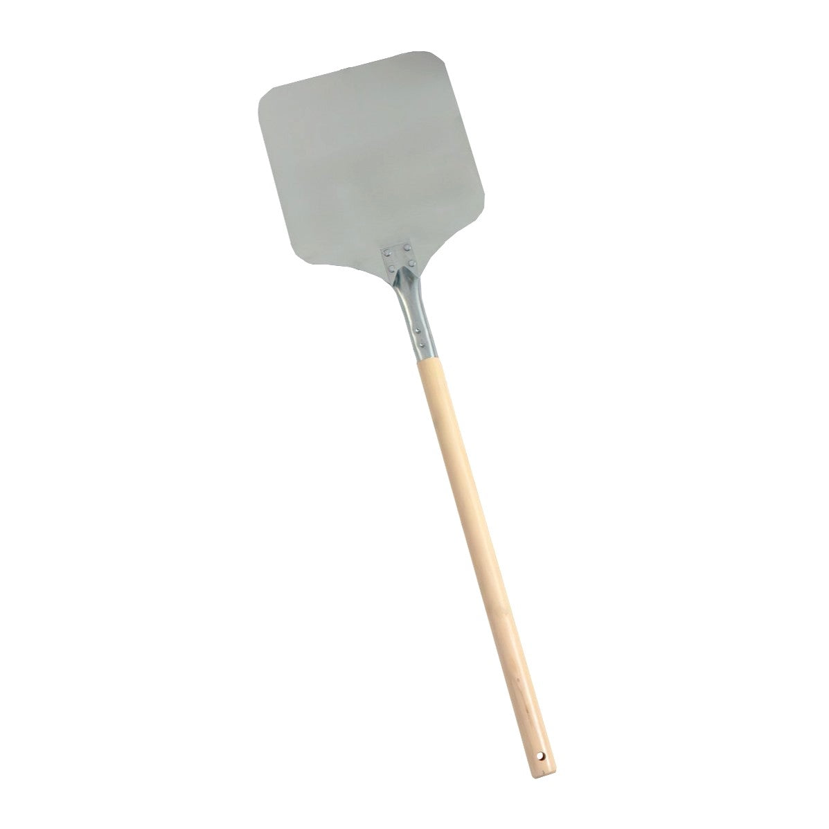 Edelstahl Pizzaschaufel mit 9 Zoll breiter, flacher Klinge und langem, hellem Holzgriff, ideal zum Herausnehmen von Pizzen aus dem Ofen