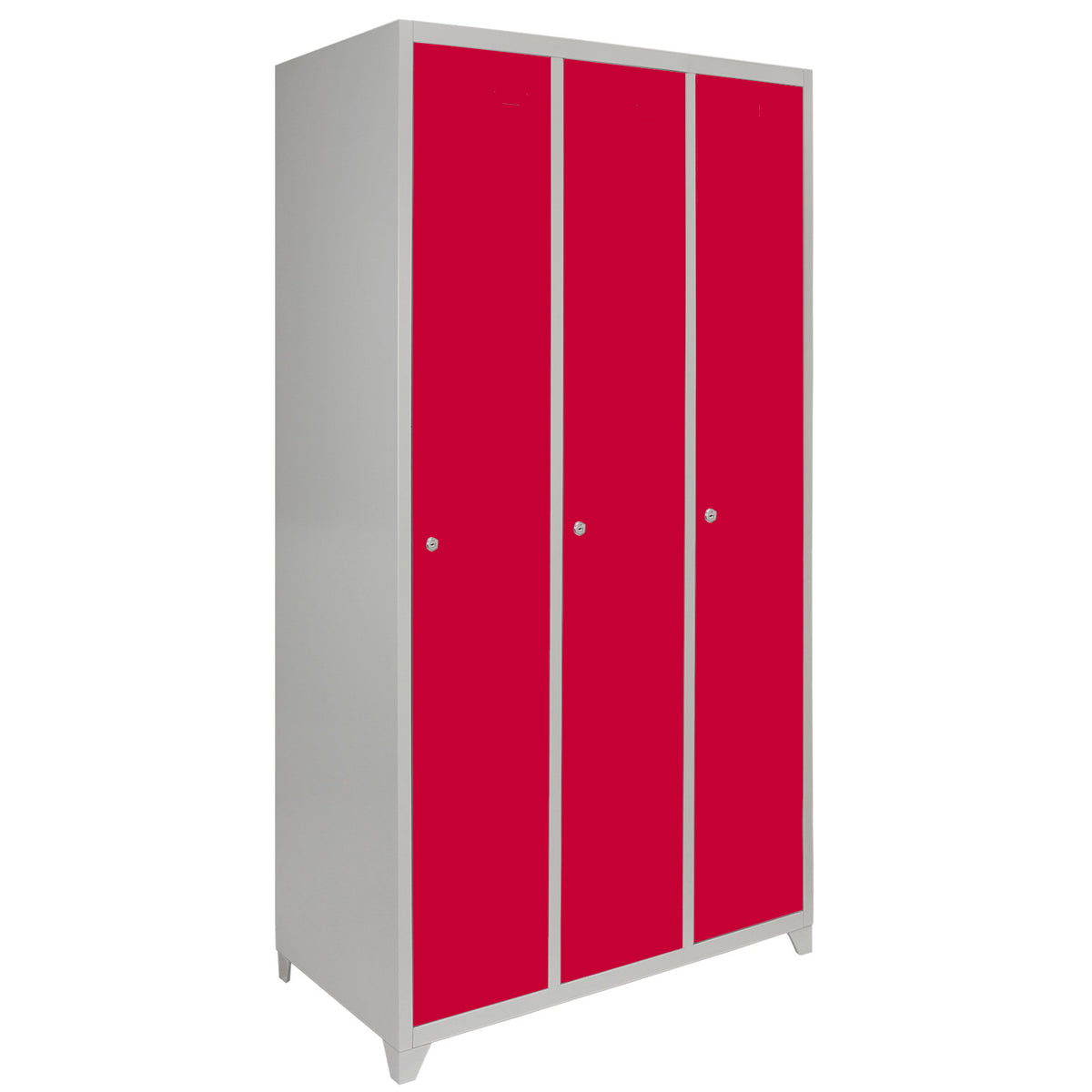 Drei rote Stahlspinde mit grauem Rahmen, glänzenden Oberflächen und schlichten, modernen Türen, ideal für Schulen oder Fitnessstudios