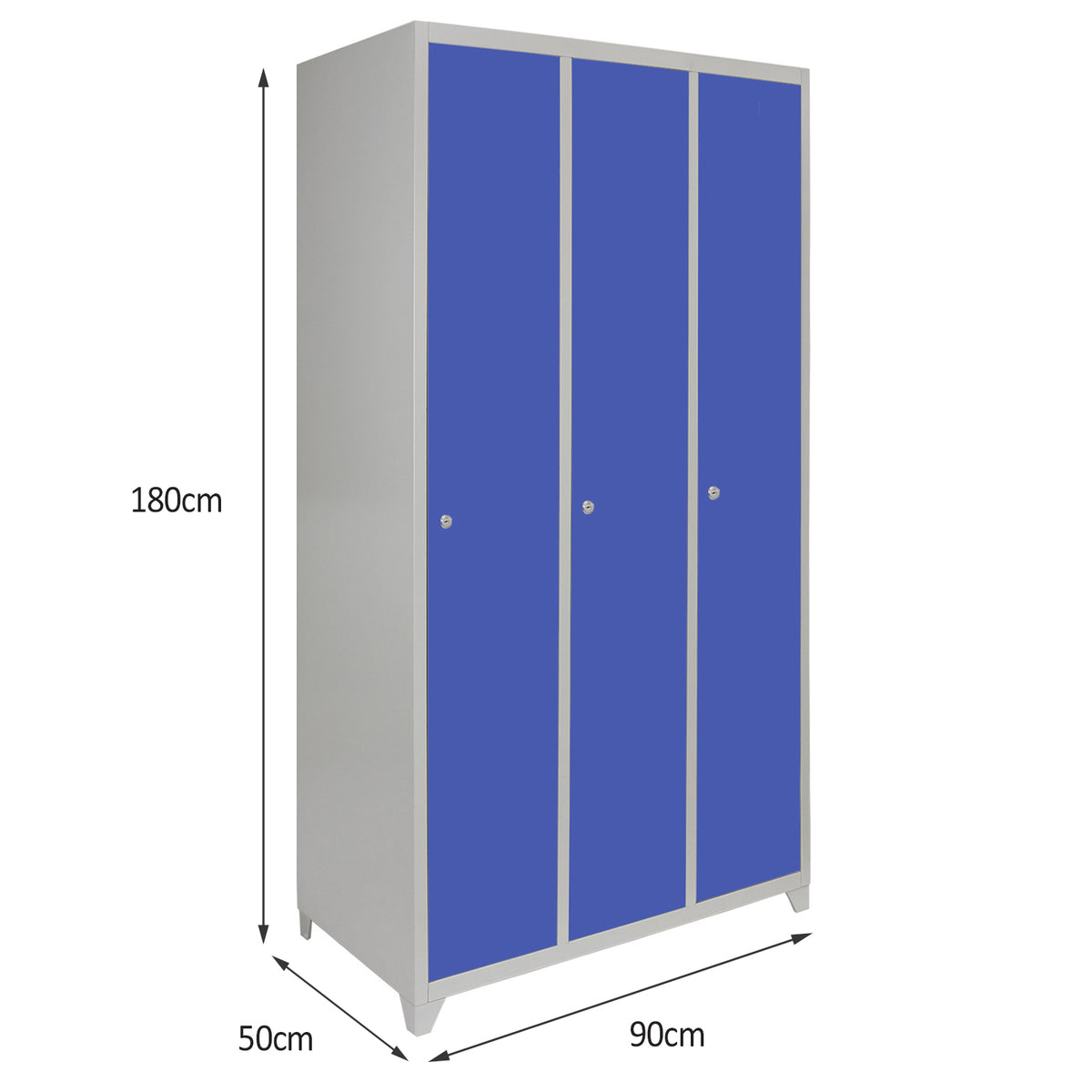 Drei-türiger Schließfachschrank in Blau mit grauem Rahmen, 180 cm hoch, 90 cm breit und 50 cm tief, ideal für Schulen oder Fitnessstudios