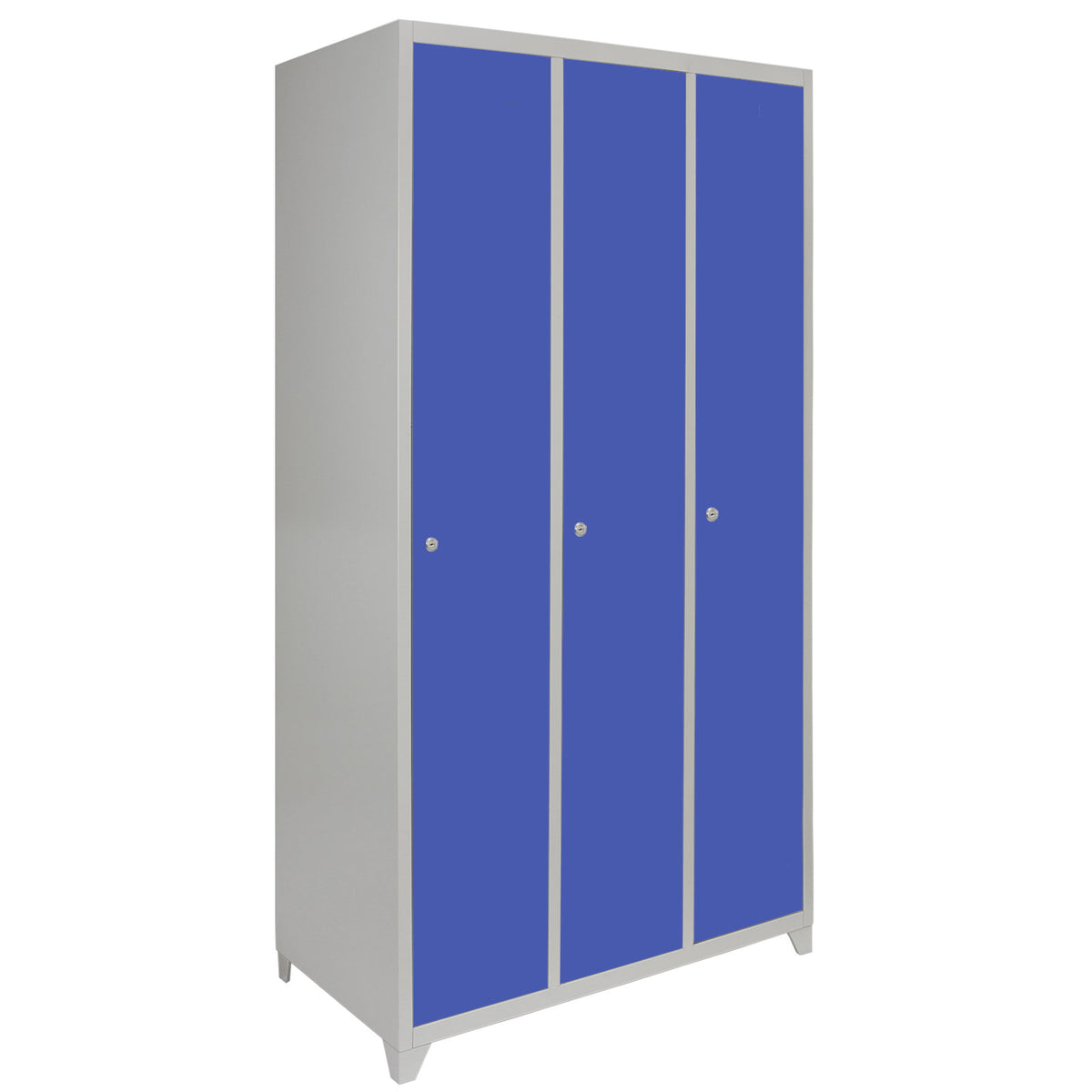 Drei-türiger Schließfachschrank in Blau mit glatten Oberflächen, silbernen Knöpfen und stabiler Konstruktion, ideal für Schulen oder Fitnessstudios