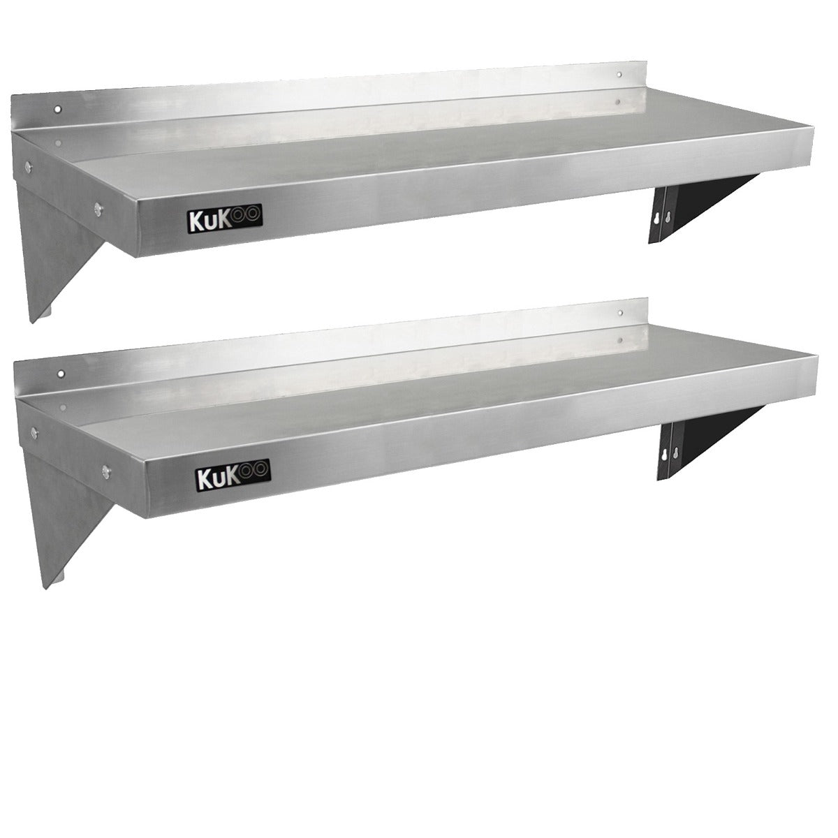 Zwei stabile KuKoo Gastro Wandregale aus rostfreiem Edelstahl, 1250 mm lang und 300 mm tief, mit glatter Oberfläche und robusten Halterungen