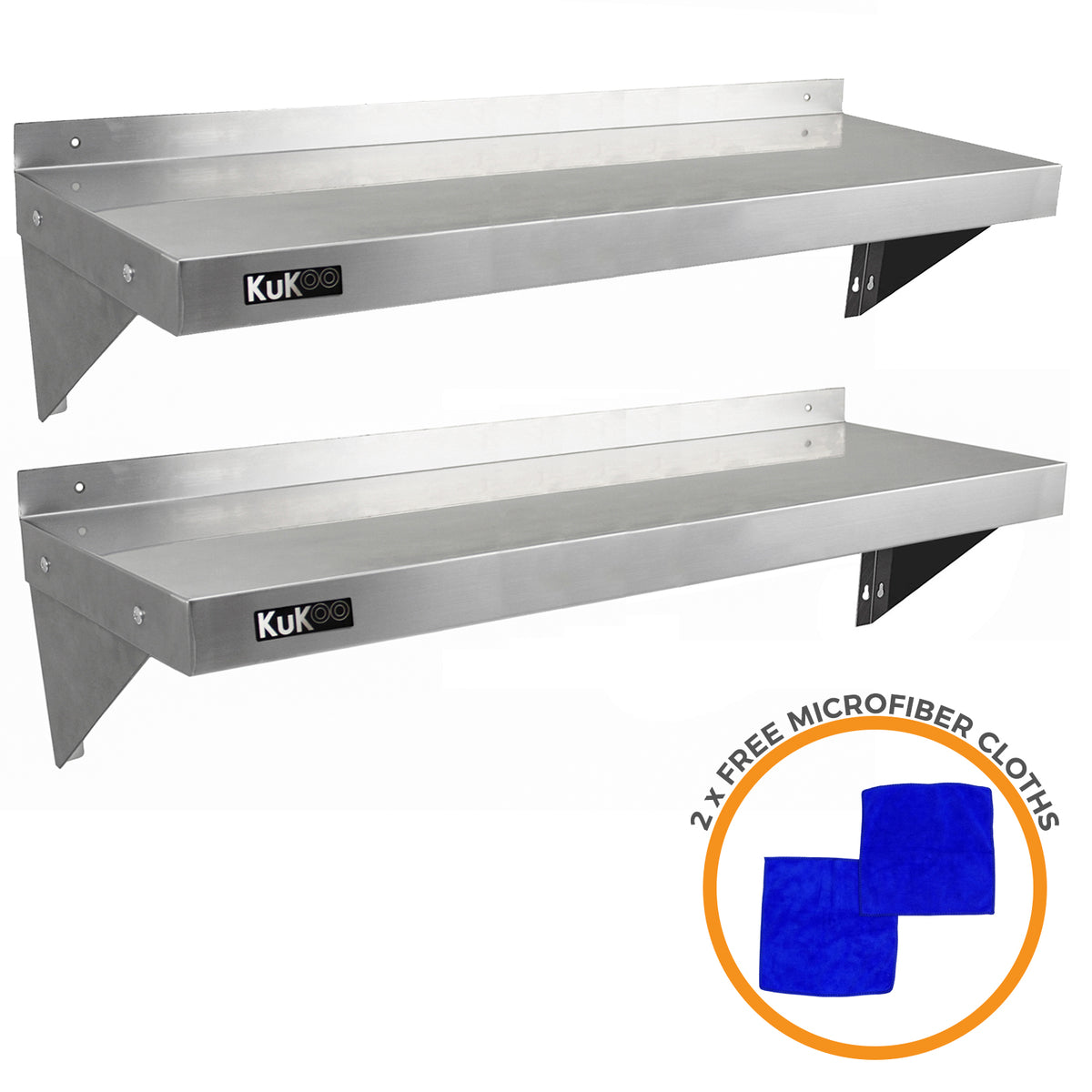 Zwei KuKoo Gastro Wandregale aus Edelstahl, 1250 mm x 300 mm, mit glatter Oberfläche und stabilen Halterungen, inklusive zwei Mikrofasertüchern in Blau