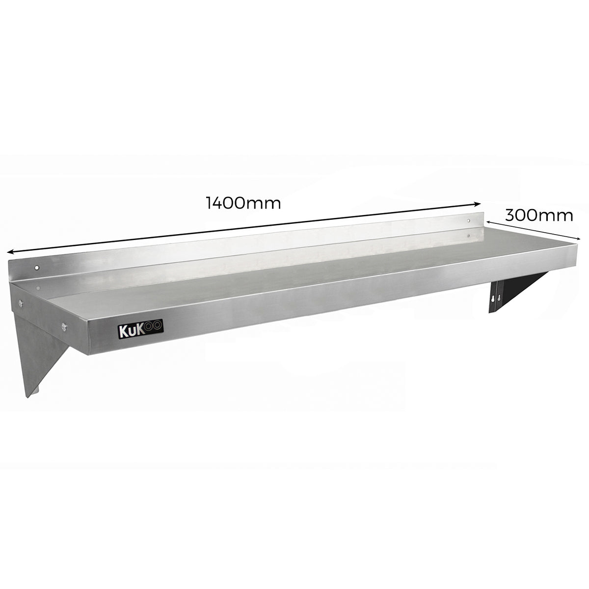 Robustes KuKoo Gastro Wandregal aus Edelstahl, 1400mm lang und 300mm tief, mit glatter Oberfläche und stabilen Halterungen für vielseitige Nutzung