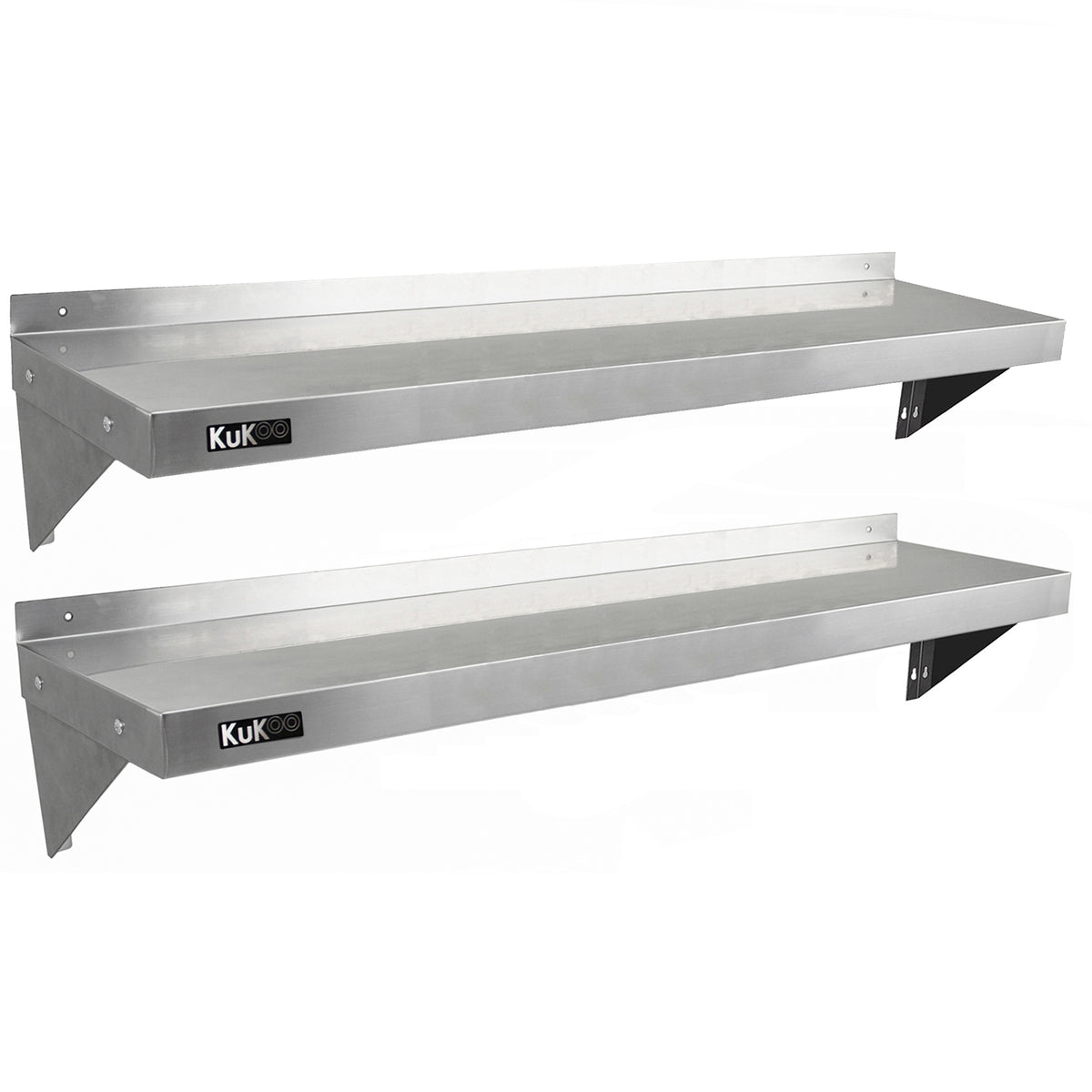 Zwei stabile KuKoo Gastro Wandregale aus rostfreiem Stahl, 1400mm x 300mm, mit glatter, glänzender Oberfläche und robusten Halterungen für vielseitige Nutzung