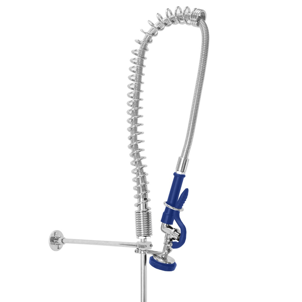 Hochwertige KuKoo Gastro Geschirrbrause mit flexibler, spiralförmiger Edelstahl-Duschschlauch und blauem Handgriff für effizientes Spülen