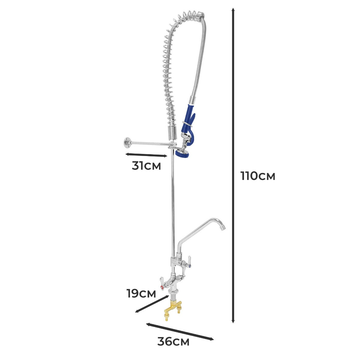 Hochwertige KuKoo Gastro Geschirrbrause aus Edelstahl mit flexibler Spiralschlauch, verchromtem Finish und präzisen Abmessungen für professionelle Küchen