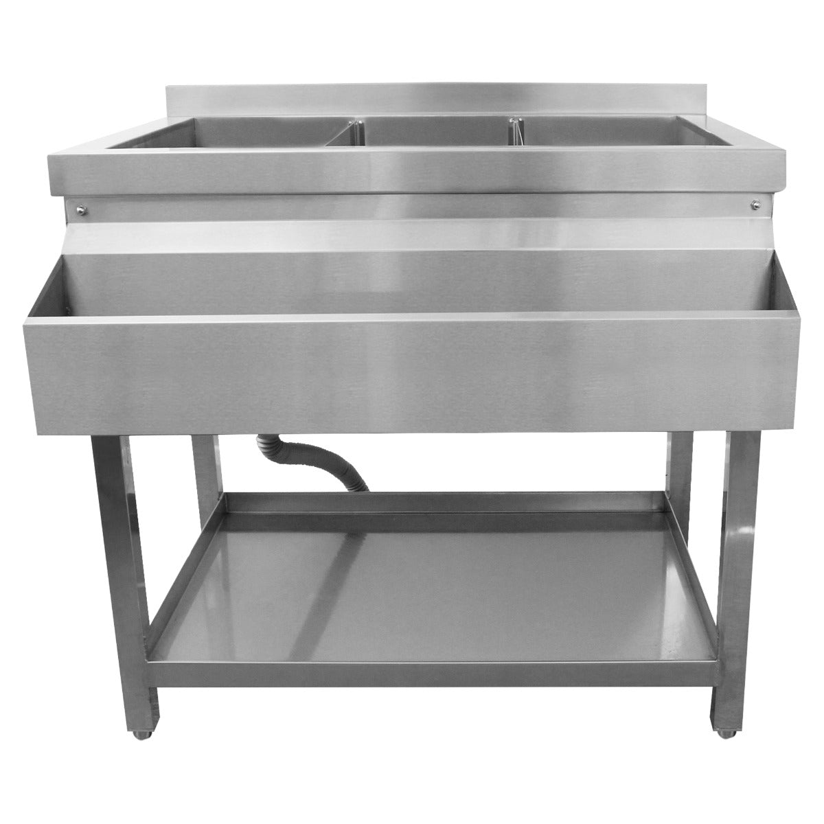 Edelstahl Cocktailstation mit zwei großen Becken, einer praktischen Ablage und einem stabilen Gestell, ideal für Gastronomie und Veranstaltungen