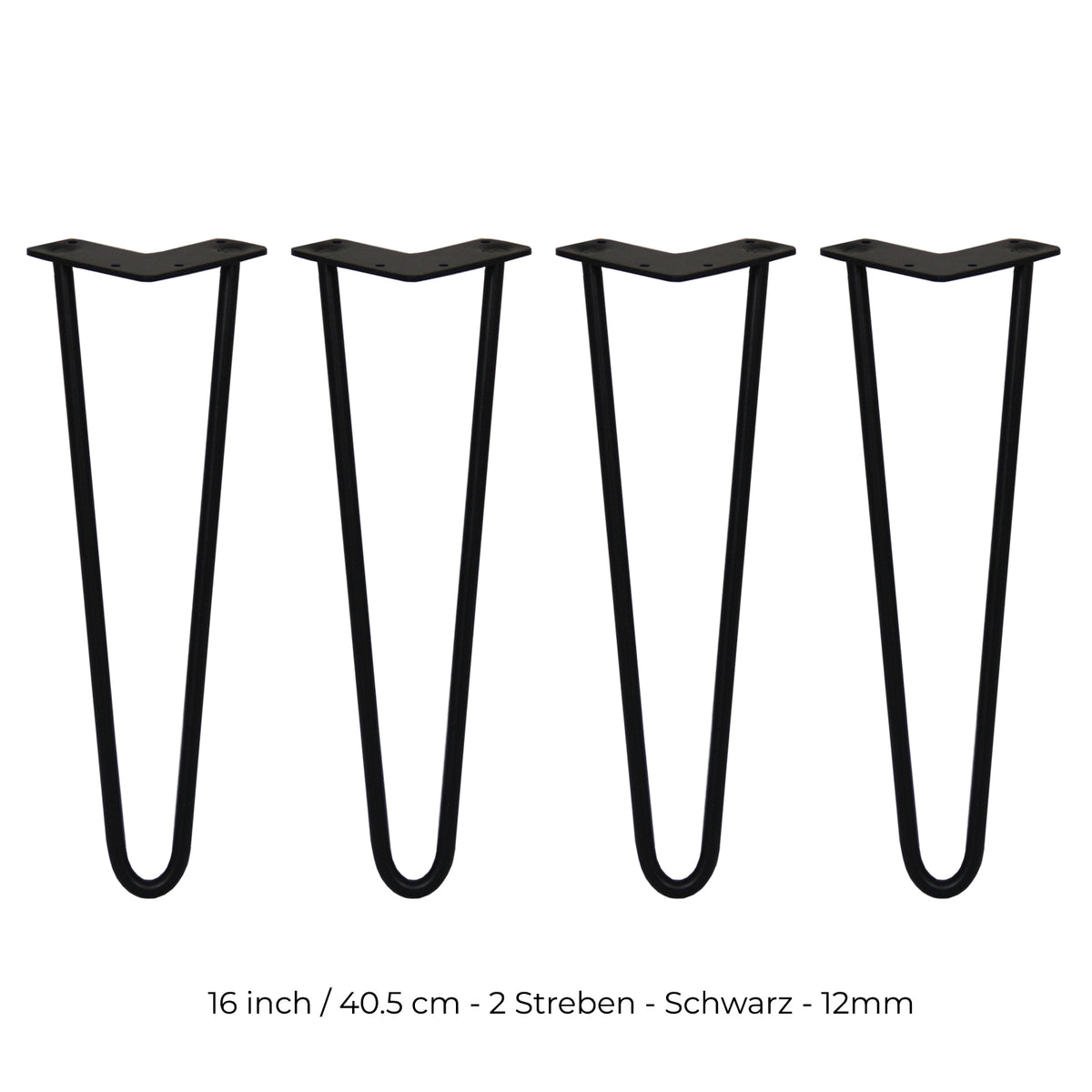 Schwarze Hairpin Tischbeine aus Metall, 40,5 cm hoch, mit zwei Streben und 12 mm Durchmesser, ideal für moderne Möbelgestaltungen