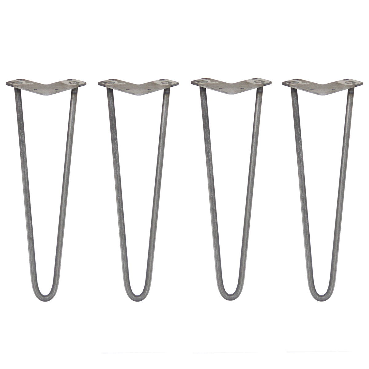 Vier 40,5 cm hohe Hairpin Tischbeine aus Rohstahl mit zwei Streben, schlankes, modernes Design in mattem Grau, ideal für DIY-Möbelprojekte